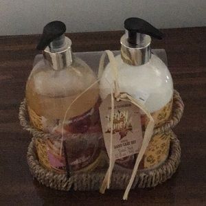 Liquid soap and lotion in decorative basket